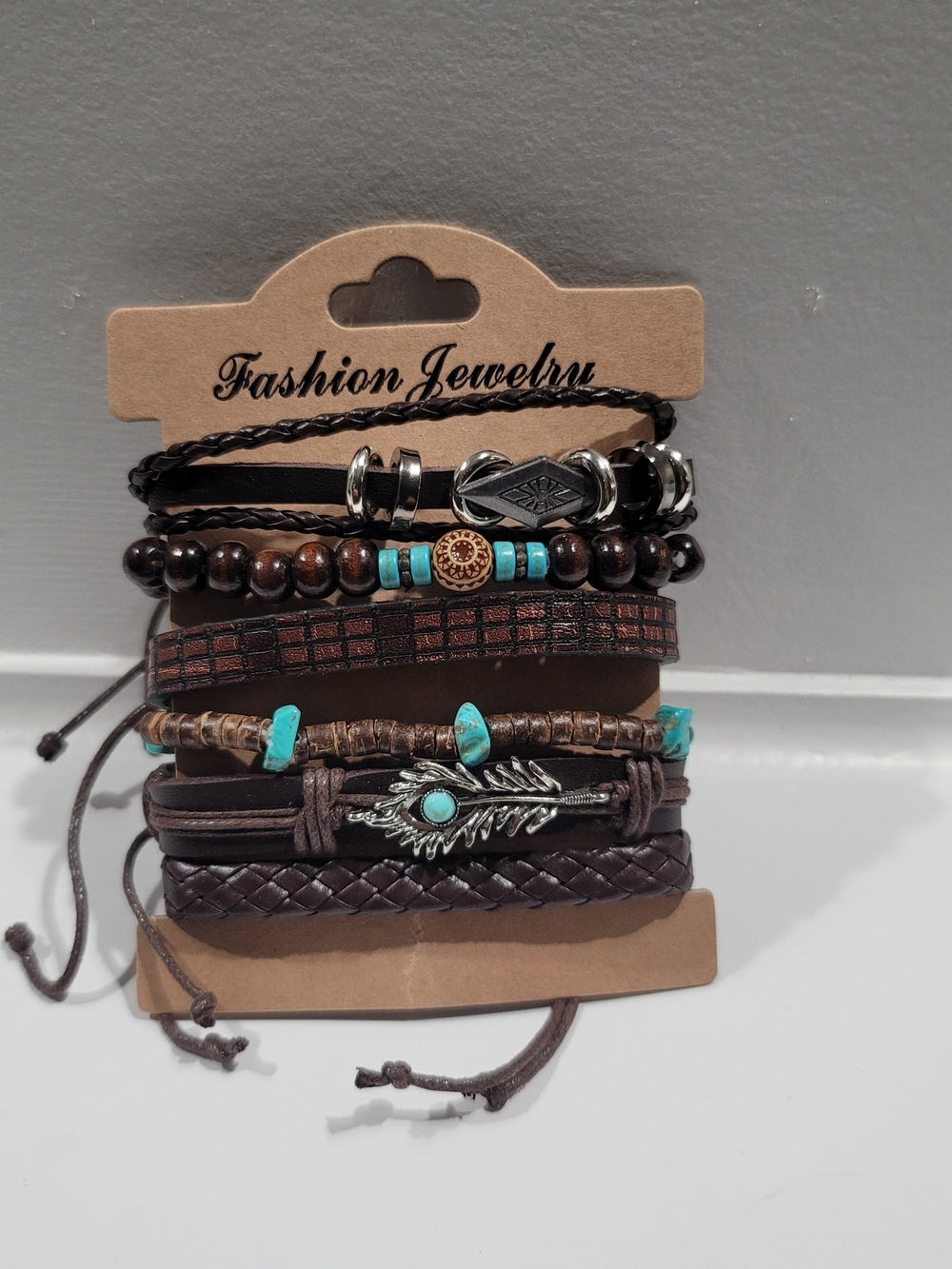 Stacked Brown Leather and Turquoise Accent Bracelet Set